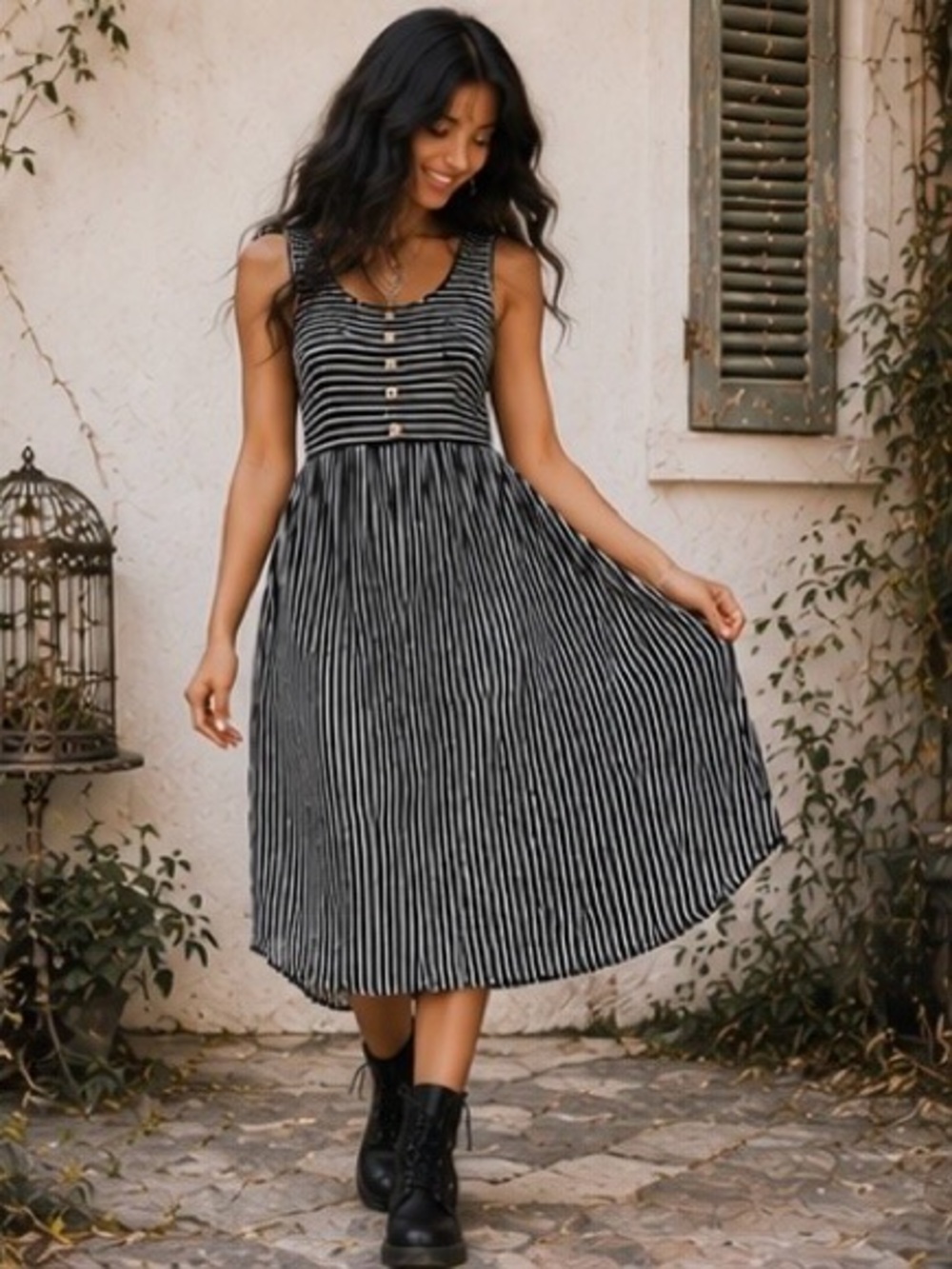 Bombom Black White Striped Midi Dress USA Made Cotton Blend Sleeveless Casual M